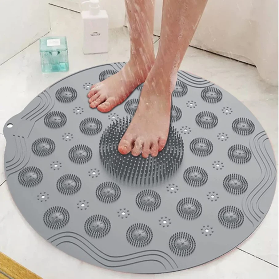 Alfombra Redonda de Ducha Antideslizante con Cepillo para Exfoliar