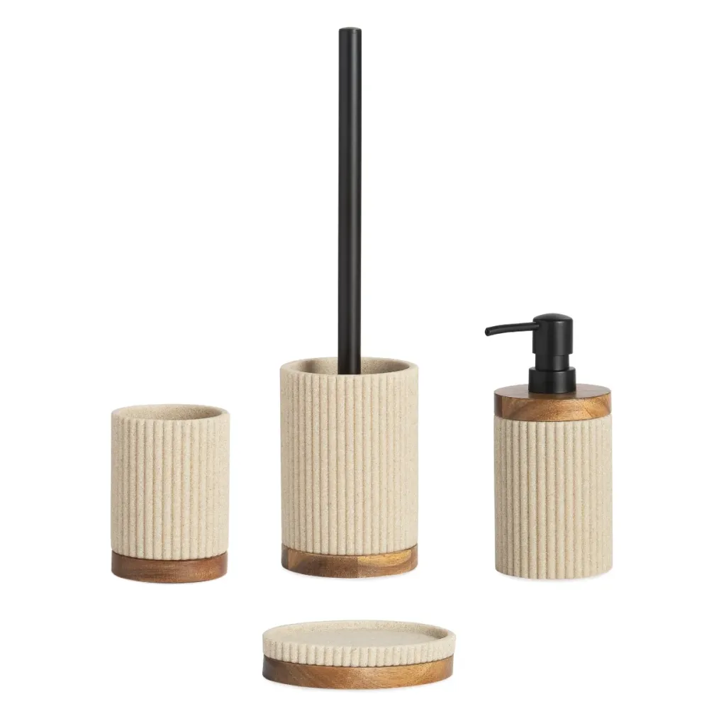 Portacepillos de baño de madera y resina beige Andrea House
