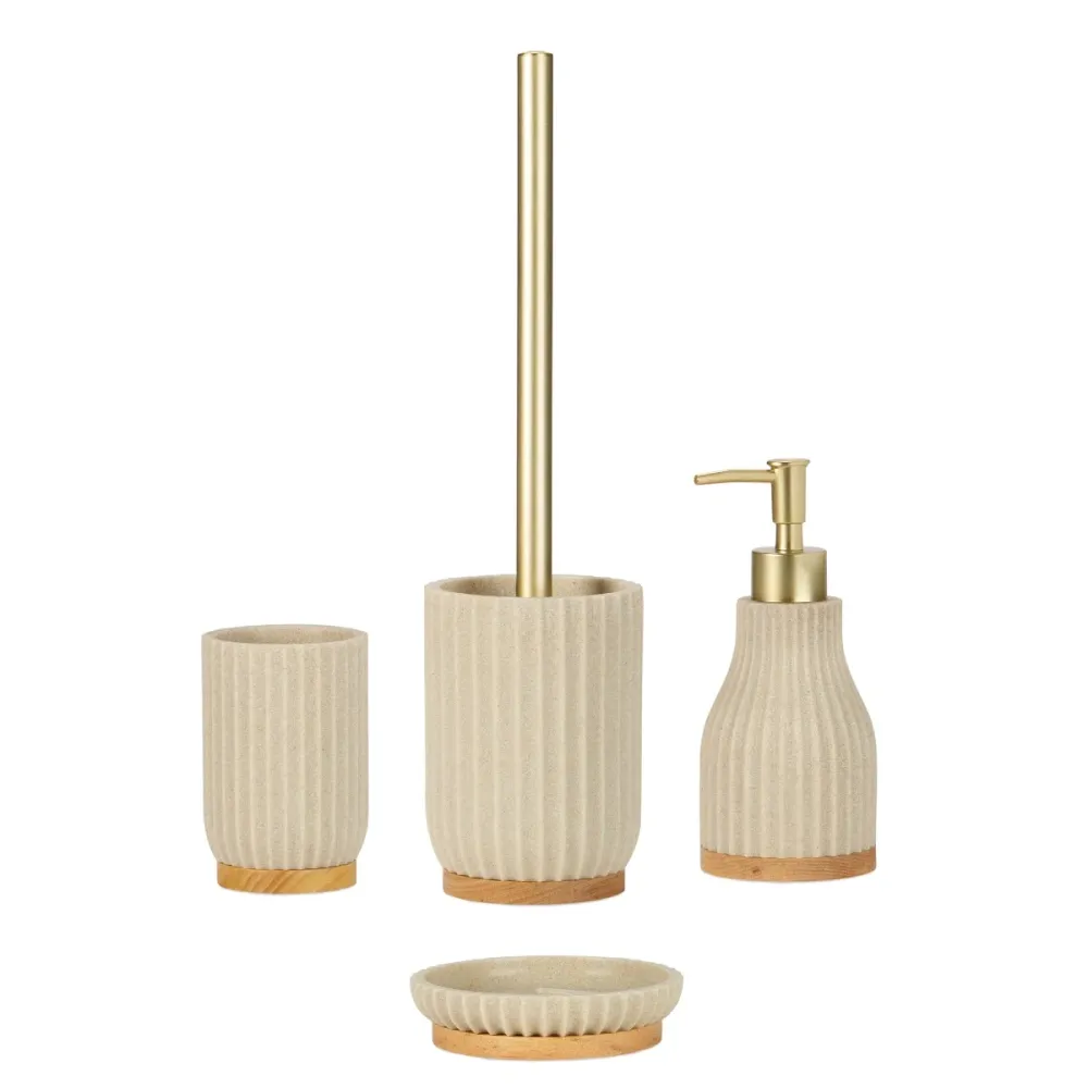 Portacepillos de baño moderno de madera y resina beige Andrea House