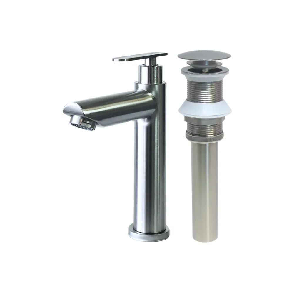 Combo de grifo individual bajo para lavamanos Amatista en acero inoxidable satinado + Desagüe push Aquafina