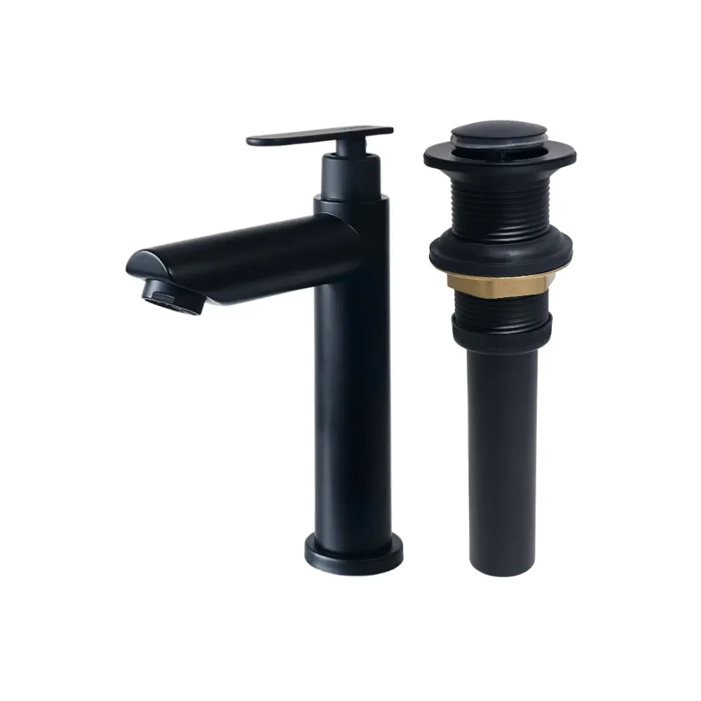 Combo de grifo individual bajo para lavamanos Amatista en acero inoxidable negro + Desagüe push Aquafina