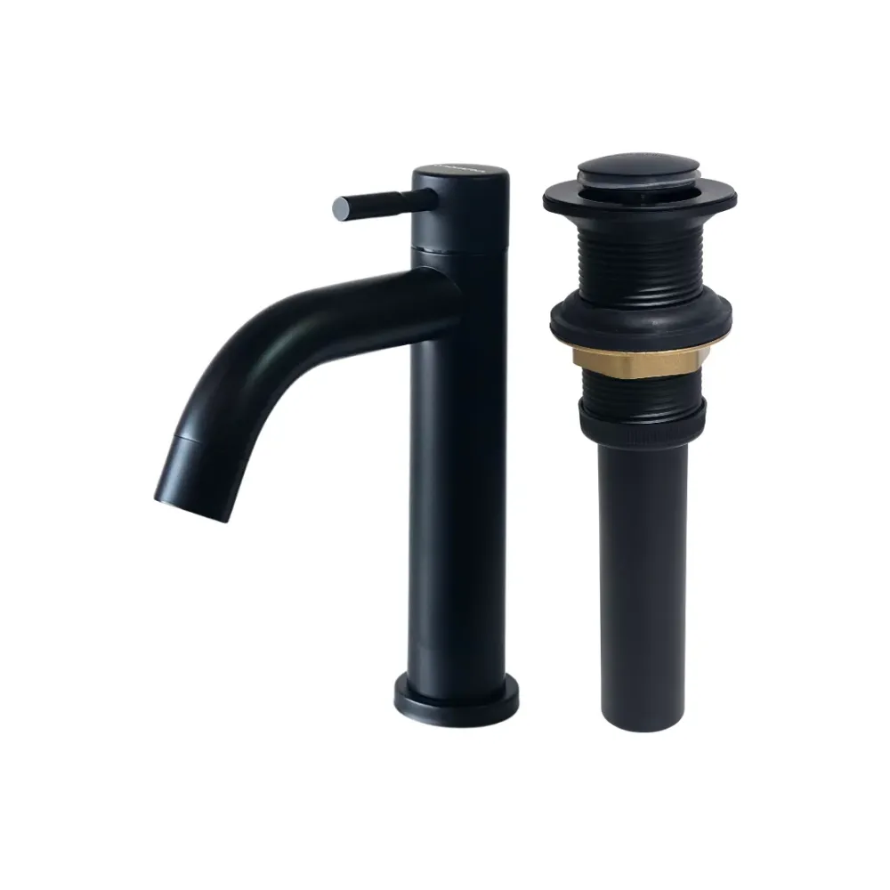 Combo de grifo individual bajo para lavamanos Selenita en acero inoxidable negro + Desagüe push Aquafina