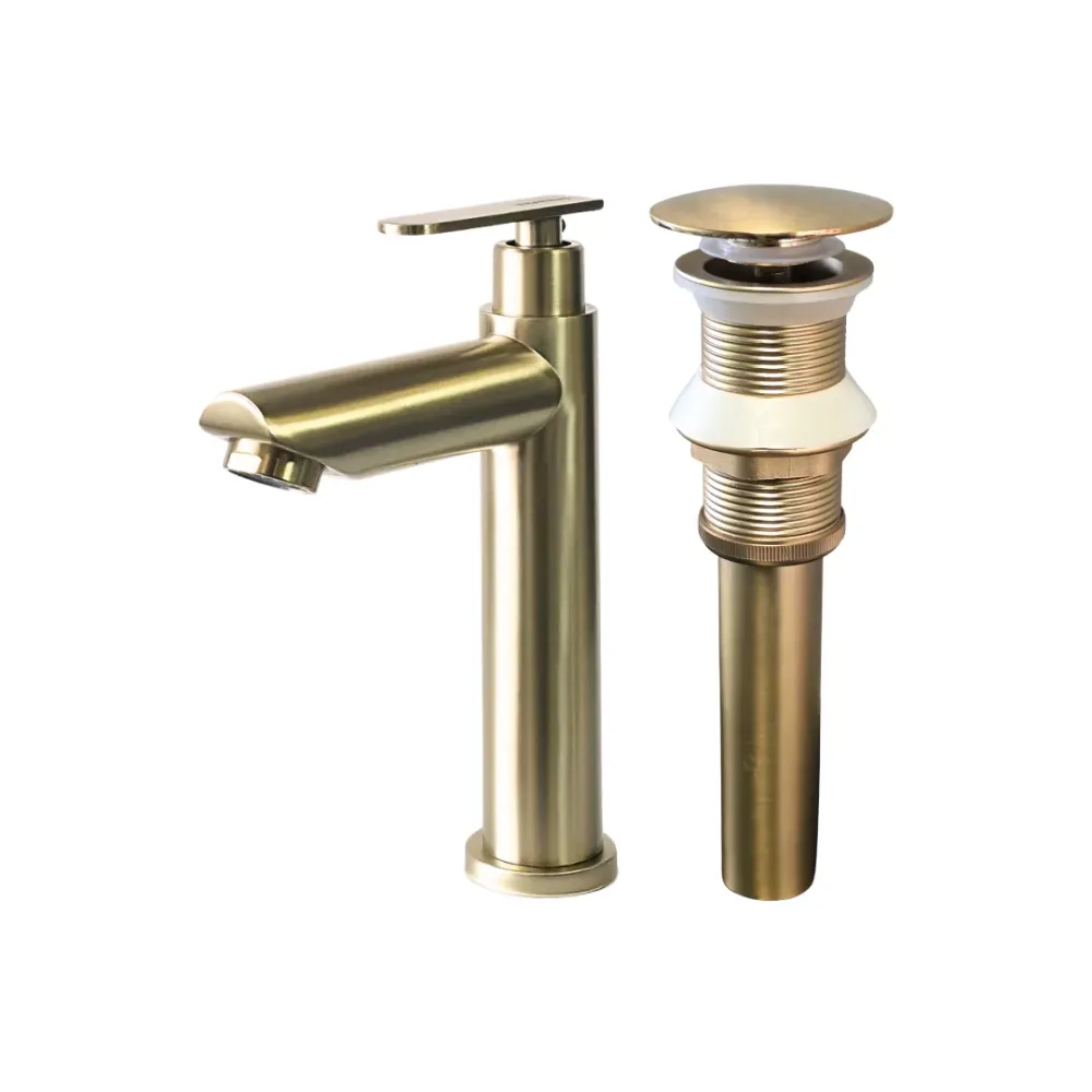 Combo de grifo individual bajo para lavamanos Amatista en acero inoxidable dorado + Desagüe push Aquafina