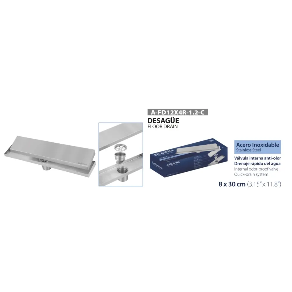 Desagüe para piso lineal 30 x 8 cm con doble función para inserción de baldosa en acero inoxidable satinado Aquafina