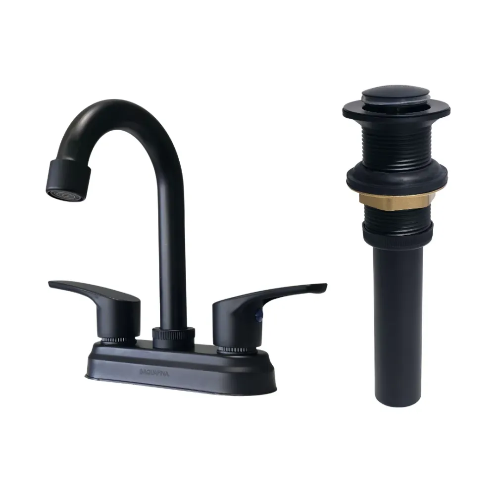 Grifo central para lavamanos cuello tipo bar en acero inoxidable y ABS negro + Desagüe push Aquafina