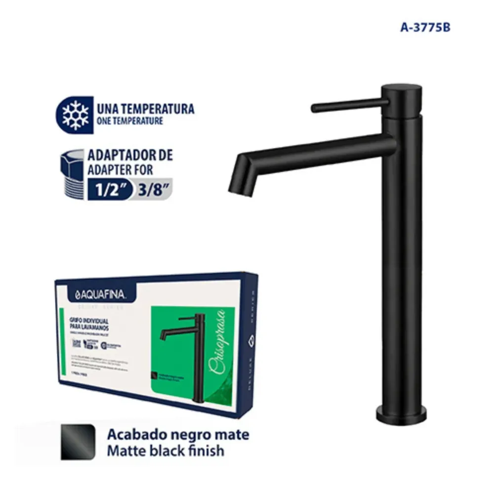 Grifo individual alto para lavamanos Serafinita en acero inoxidable negro - Una temperatura Aquafina
