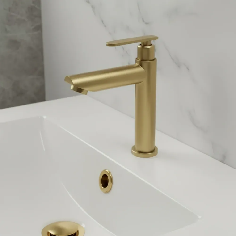 Grifo individual bajo para lavamanos Amatista en acero inoxidable dorado - Una temperatura Aquafina