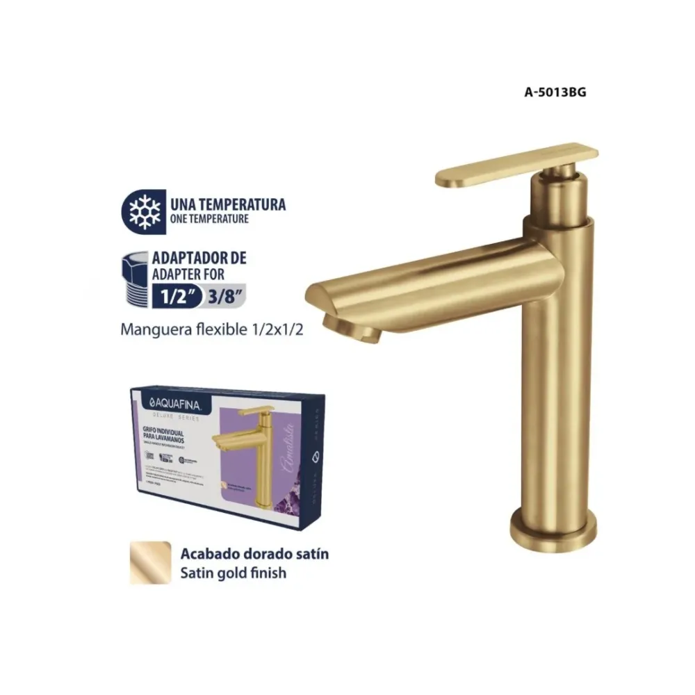 Grifo individual bajo para lavamanos Amatista en acero inoxidable dorado - Una temperatura Aquafina