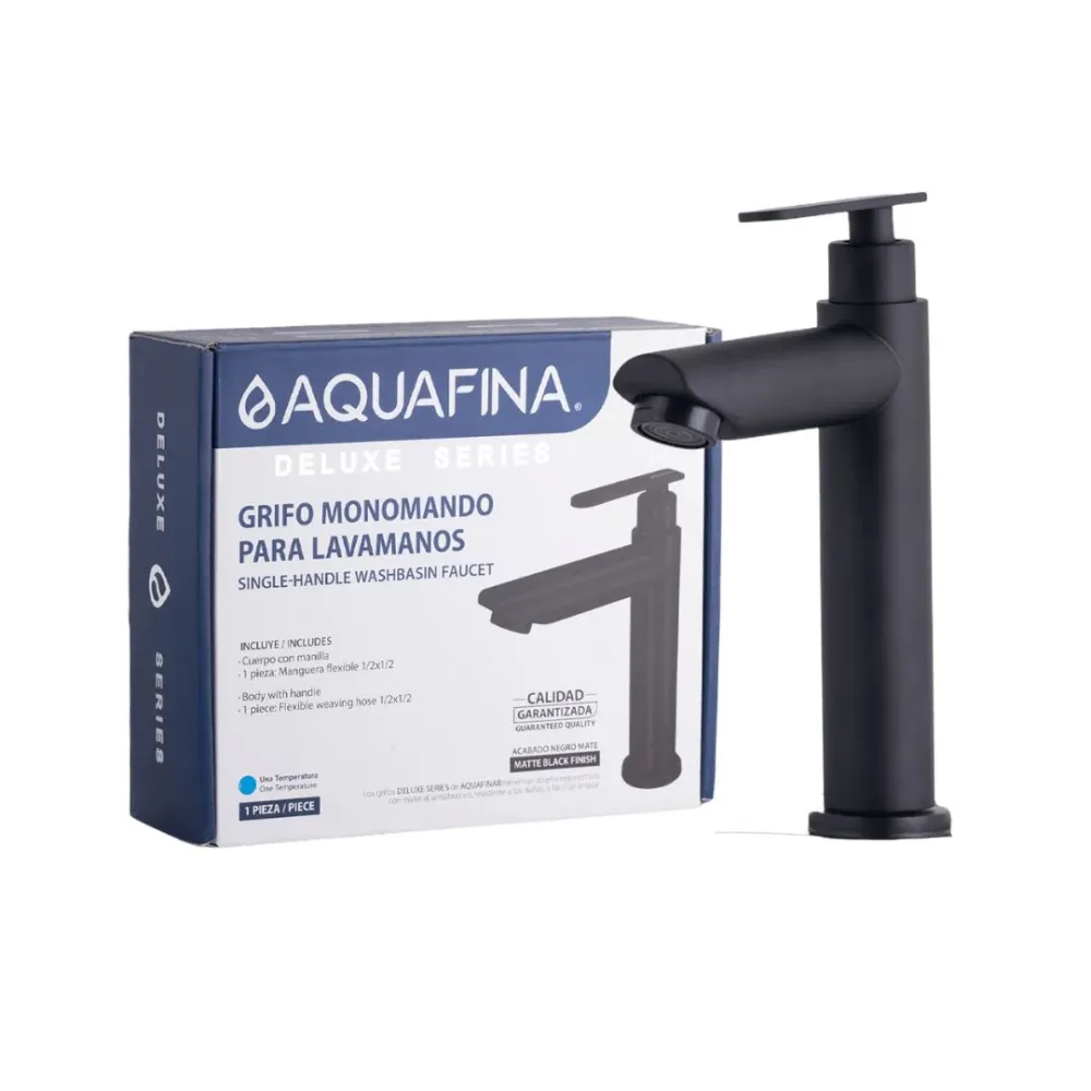 Grifo individual bajo para lavamanos Amatista en acero inoxidable negro - Una temperatura Aquafina