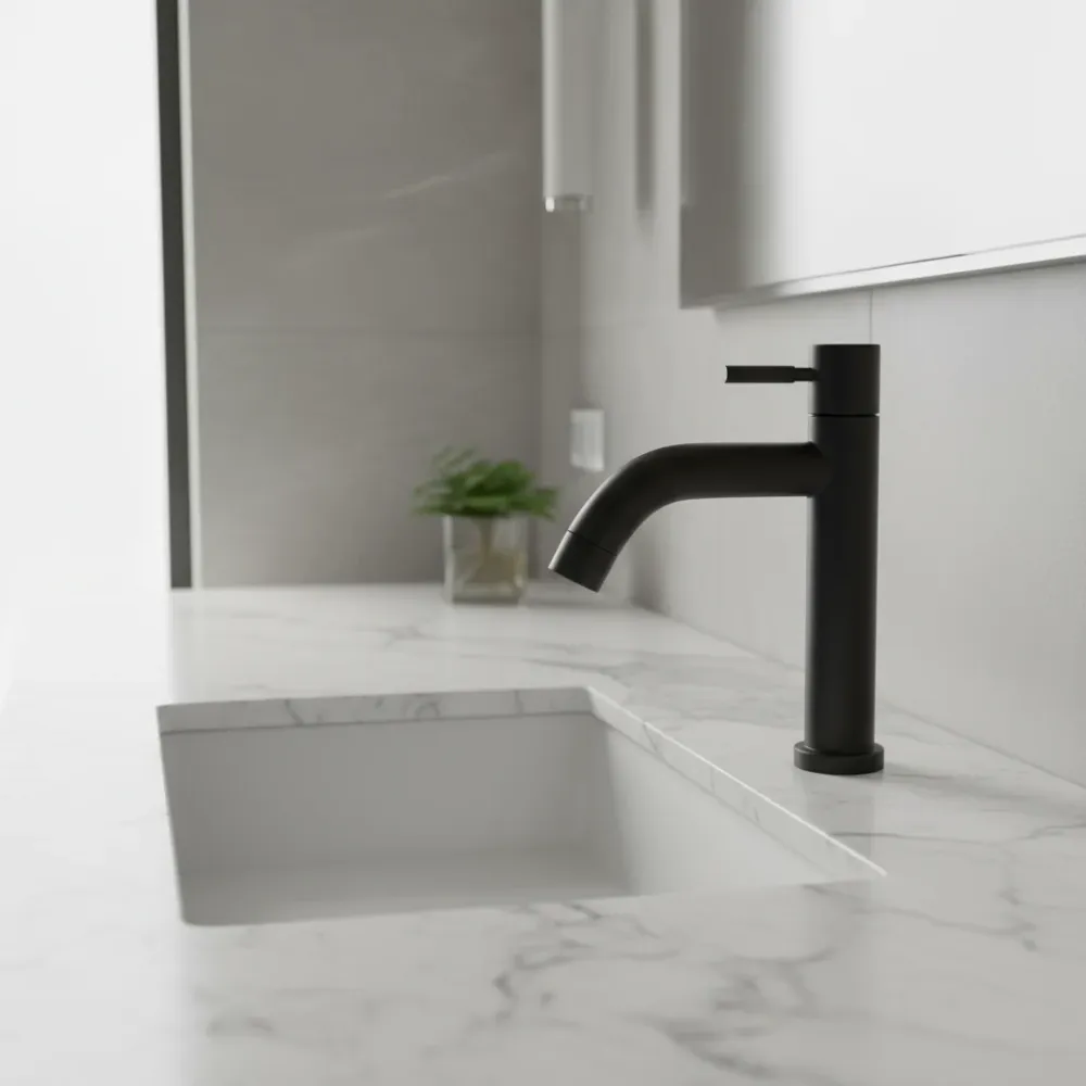 Grifo individual bajo para lavamanos Selenita en acero inoxidable negro - Una temperatura Aquafina