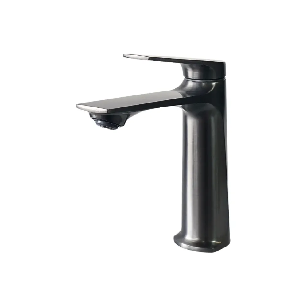 Grifo monomando bajo para lavamanos Fluorita en acero inoxidable gunmetal - Doble temperatura Aquafina