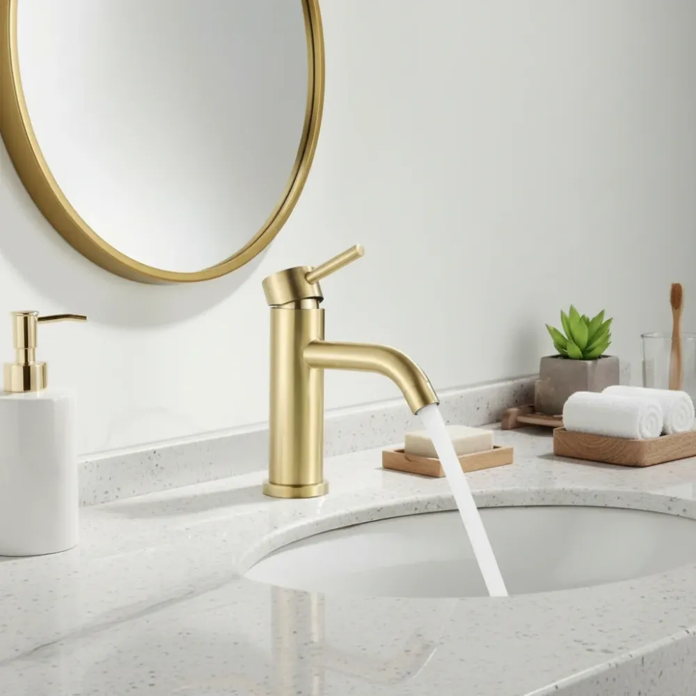 Grifo monomando bajo para lavamanos Selenita en acero inoxidable dorado - Doble temperatura Aquafina
