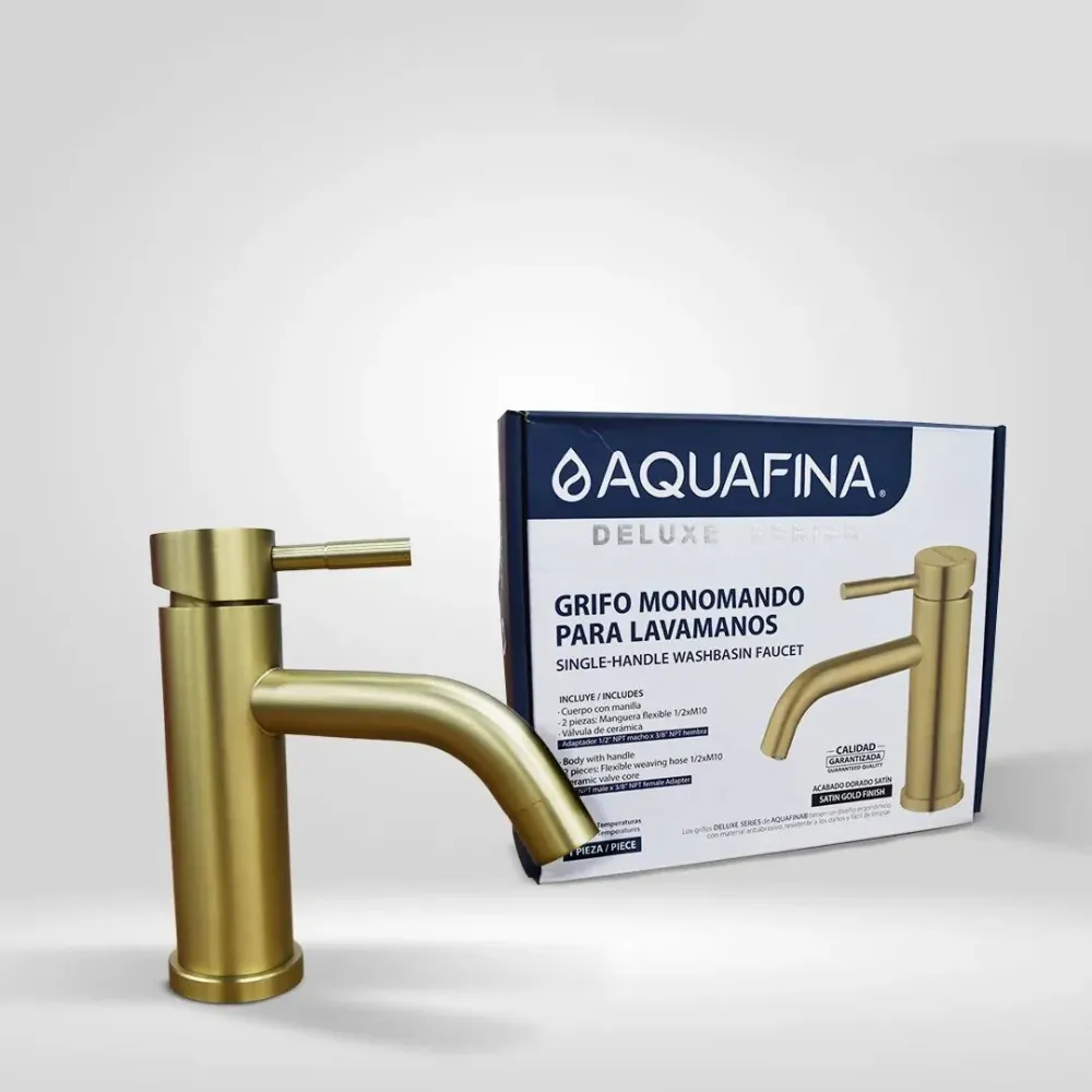 Grifo monomando bajo para lavamanos Selenita en acero inoxidable dorado - Doble temperatura Aquafina