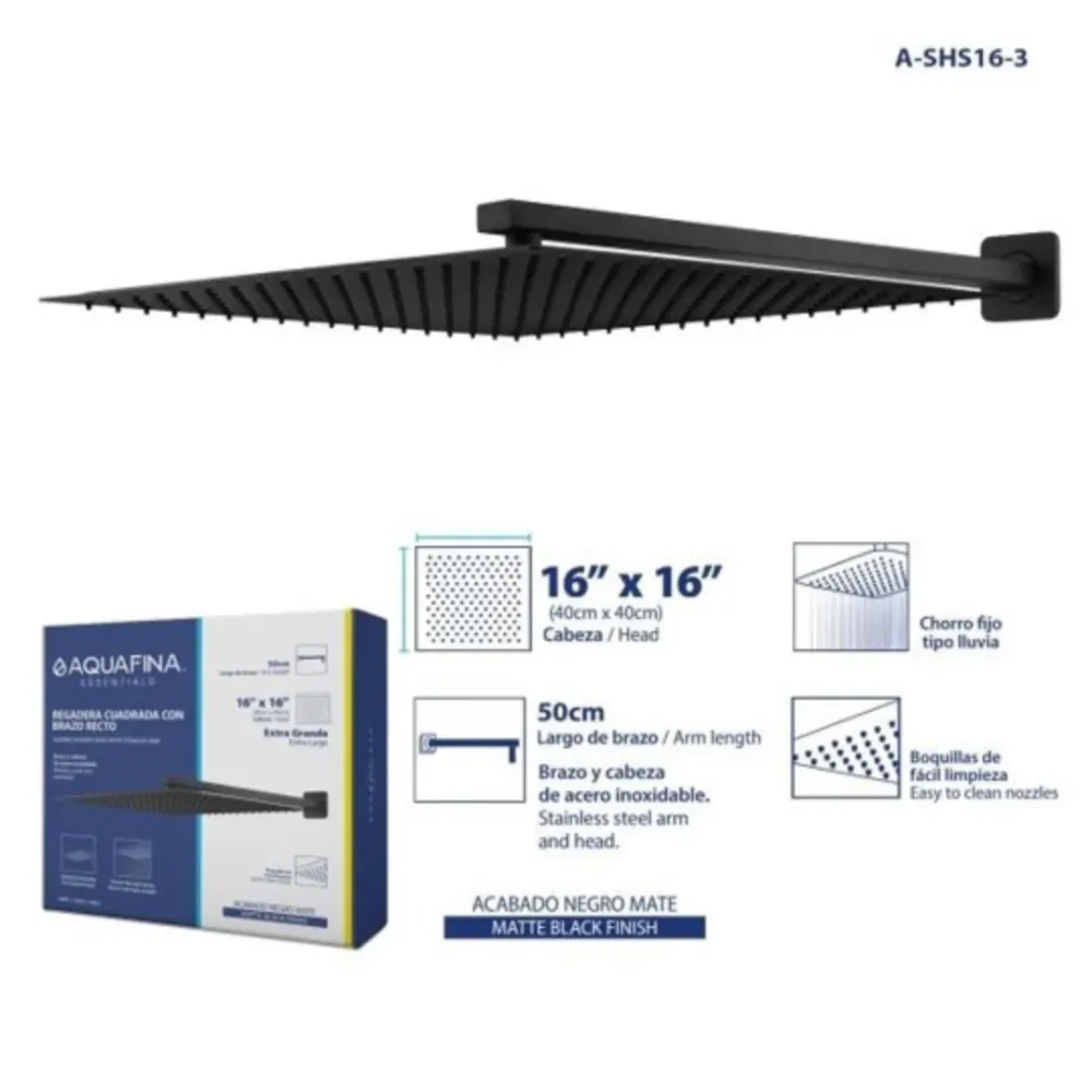 Regadera de ducha cuadrada 16" ultradelgada en acero inoxidable negro con tubo de 50 cm Aquafina