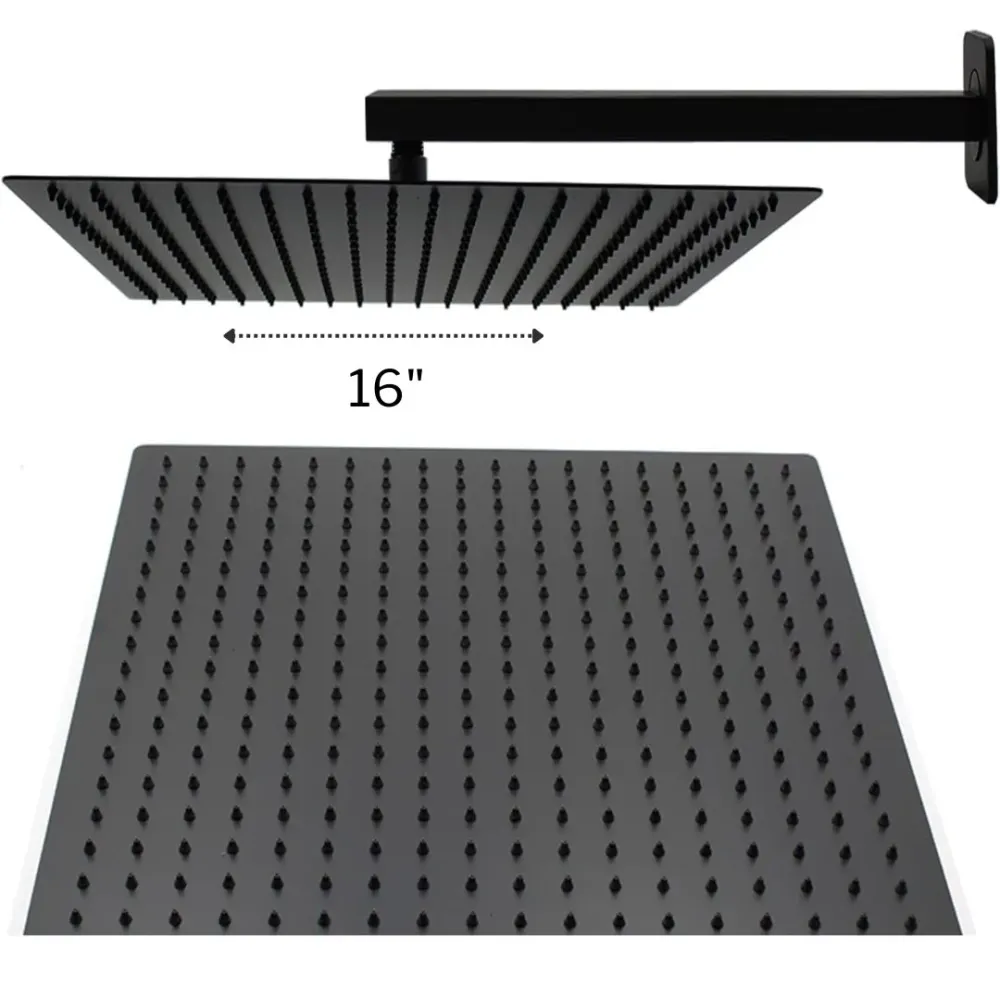 Regadera de ducha cuadrada 16" ultradelgada en acero inoxidable negro con tubo de 50 cm Aquafina