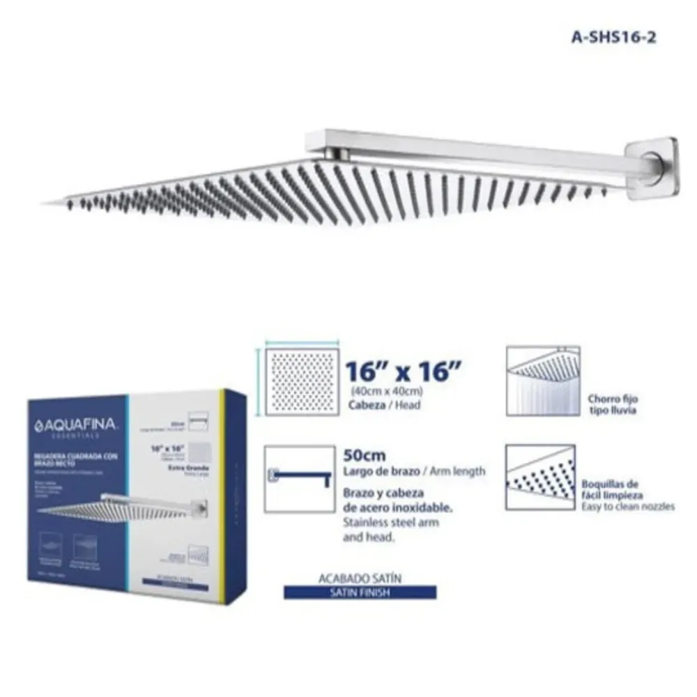 Regadera de ducha cuadrada 16" ultradelgada en acero inoxidable satinado con tubo de 50 cm Aquafina