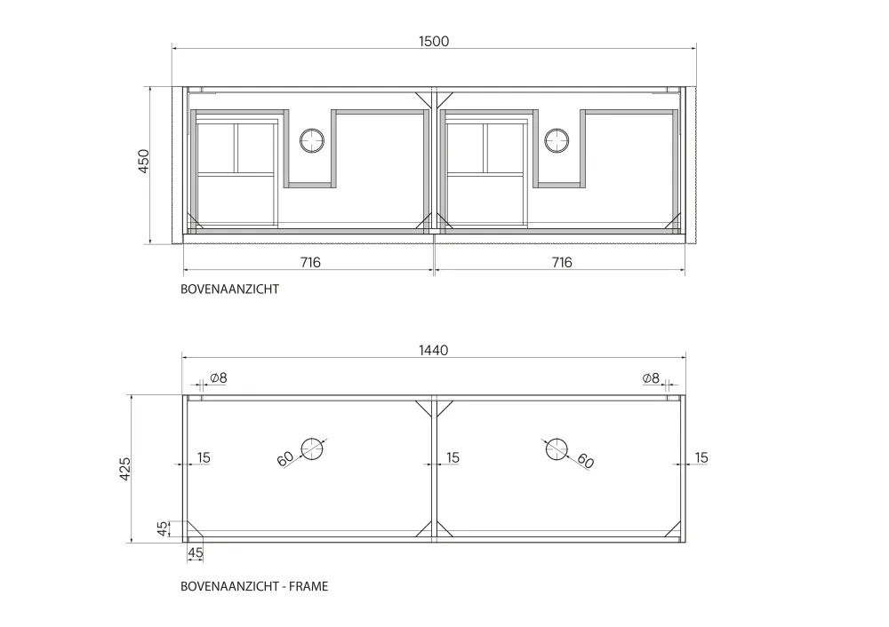 Armario de baño Roble - Ahun - Lavabo Mármol Beige - Encimera Mármol Beige - 150 cm