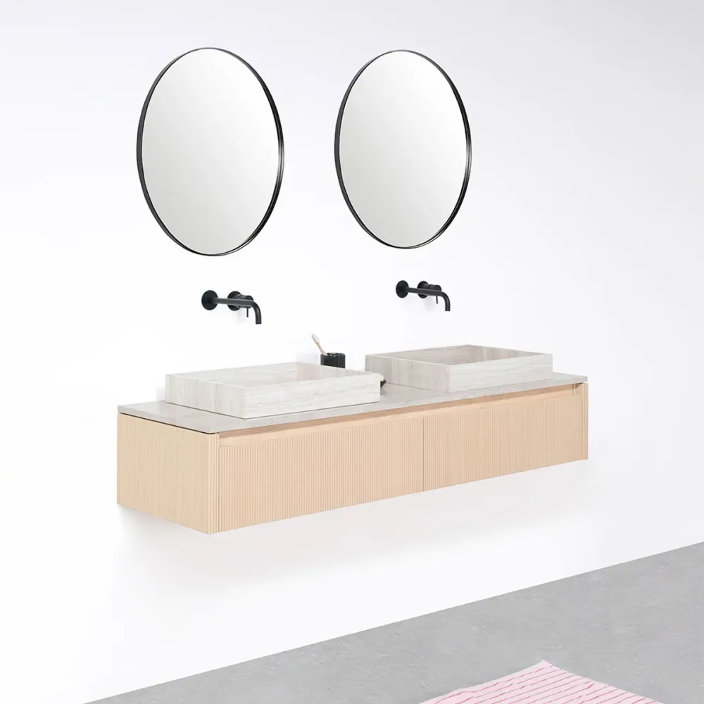 Armario de baño Roble - Ahun - Lavabo Mármol Beige - Encimera Mármol Beige - 150 cm