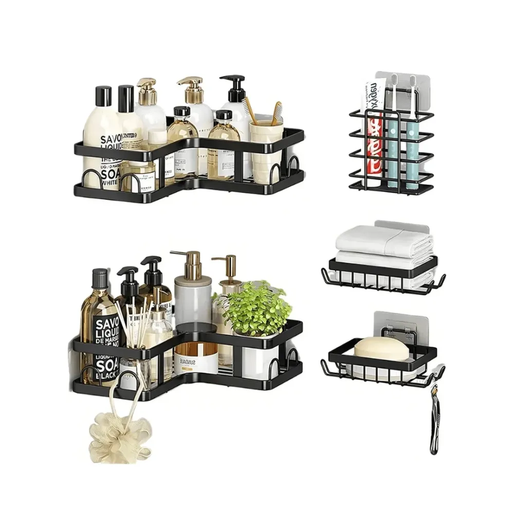 SET 5 PIEZAS EQUINERO ORGANIZADOR DUCHA BAÑO ADHESIVO NEGRO - CLEANBATH Artilugio CL