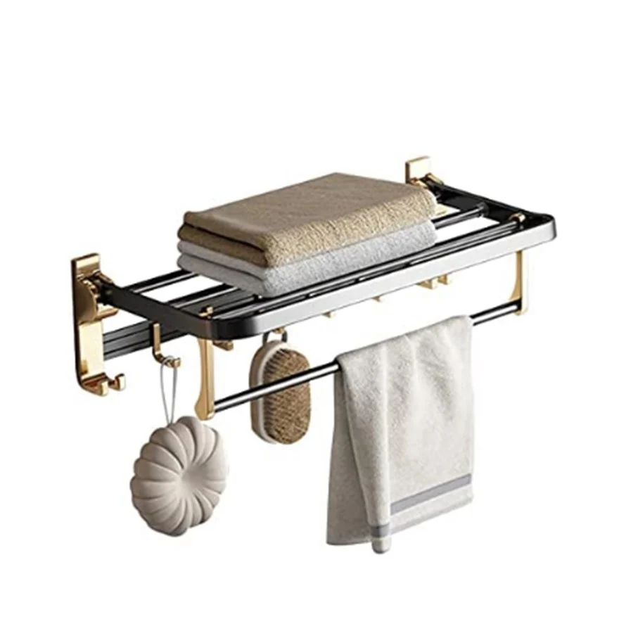 Barra Toallero Plegable Doble Negro Y Dorado 60 Cm