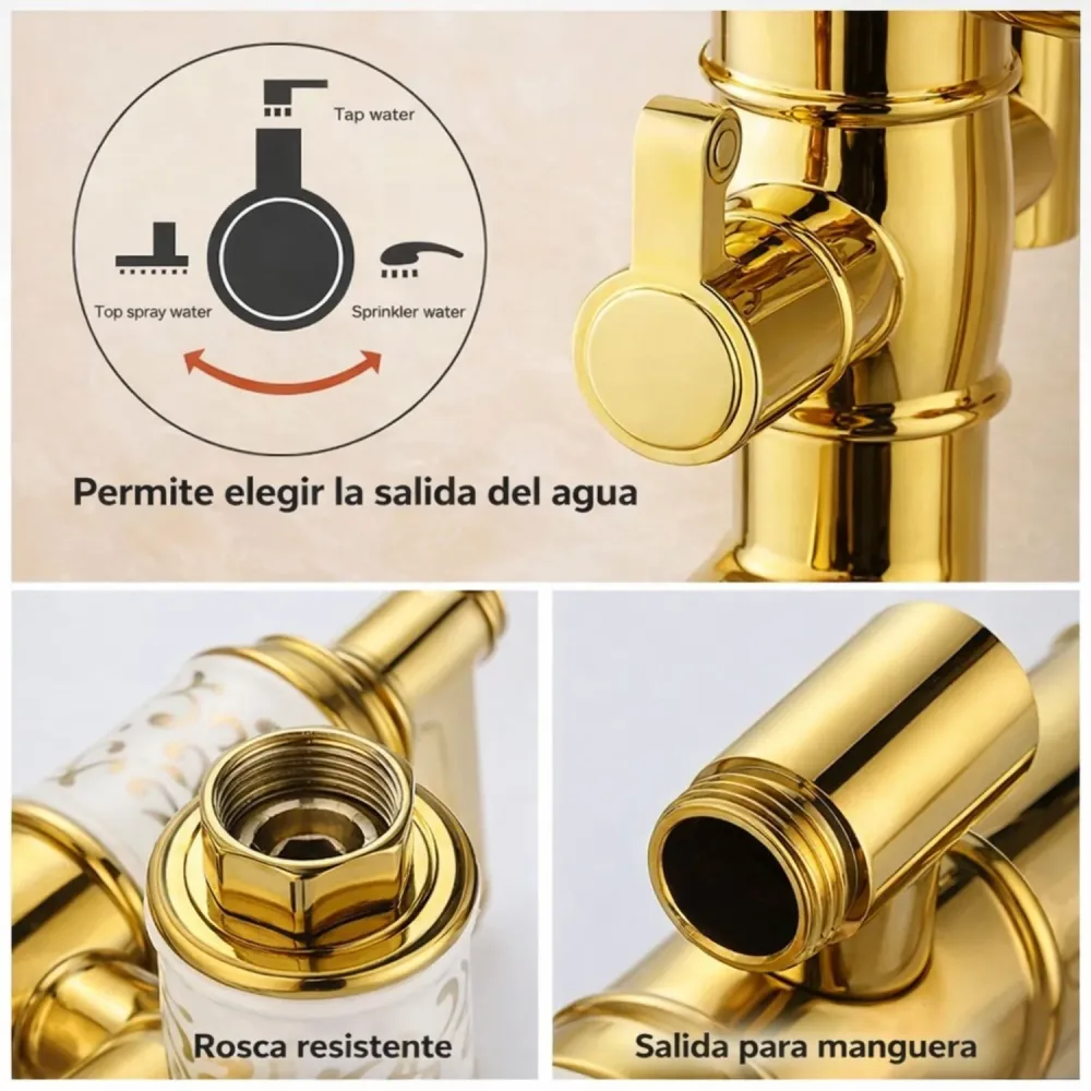 Griferí Ducha Expuesta Vintage Egipto Dorada Monocontrol con Ducha Teléfono y Salida Bañera BARU