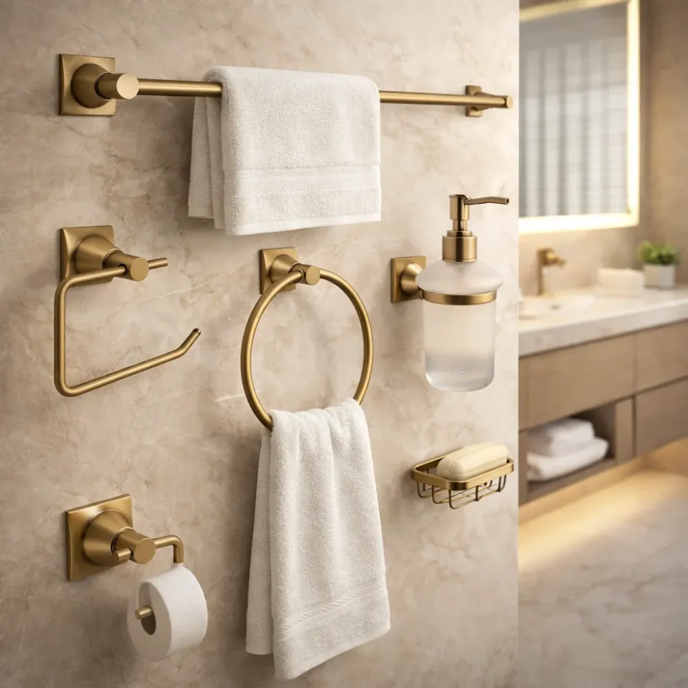 Juego de Accesorios de Baño Xcaret 6 Piezas Oro Cepillado | Set Completo para Baño Moderno y Elegante BARU