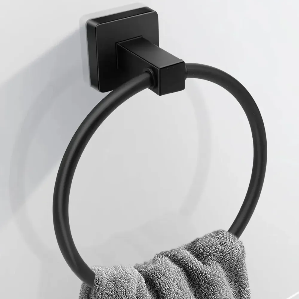 Toallero Redondo Negro para Baño Metálico de Pared | Porta Toalla de Mano Moderno con Base Cuadrada BARU