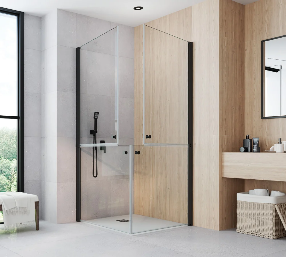 Mampara DENIA MR de Becrisa– Modelo Angular con 2 Puertas Partidas | Máxima Apertura en Esquina Cromo
