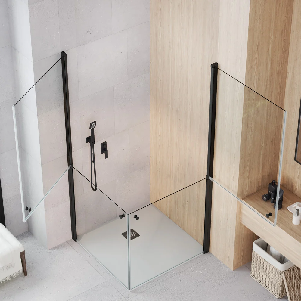 Mampara DENIA MR de Becrisa– Modelo Angular con 2 Puertas Partidas | Máxima Apertura en Esquina Cromo