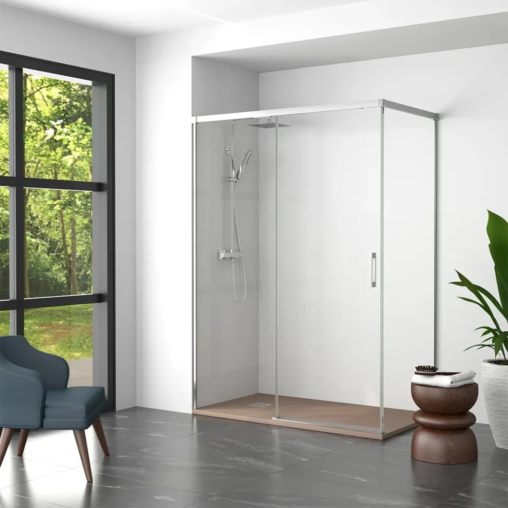Mampara de ducha Angular YAIZA de Becrisa | Fijo + Corredera + Lateral Fijo | Diseño Premium Cromo