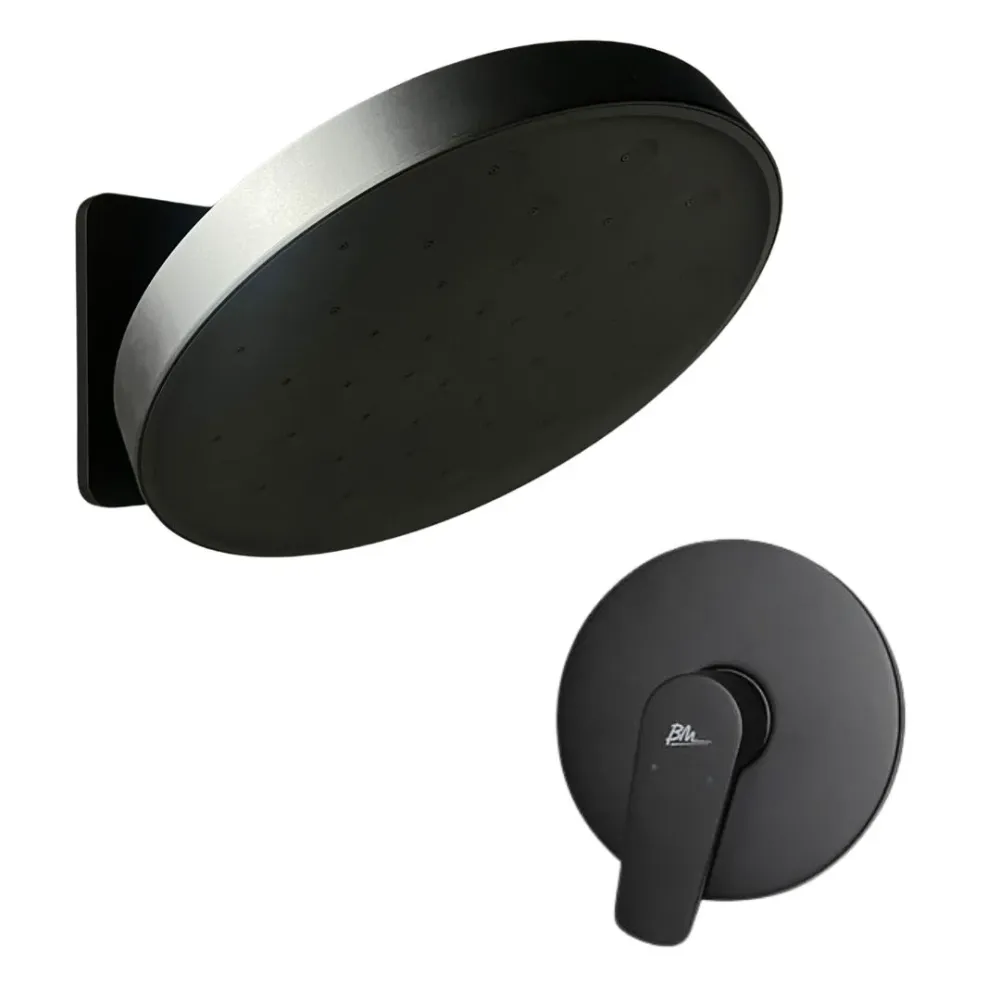 Combo Minimalista de Ducha Redonda de 12" + Monomando Mezclador Acero Inoxidable (Negro Mate) BM