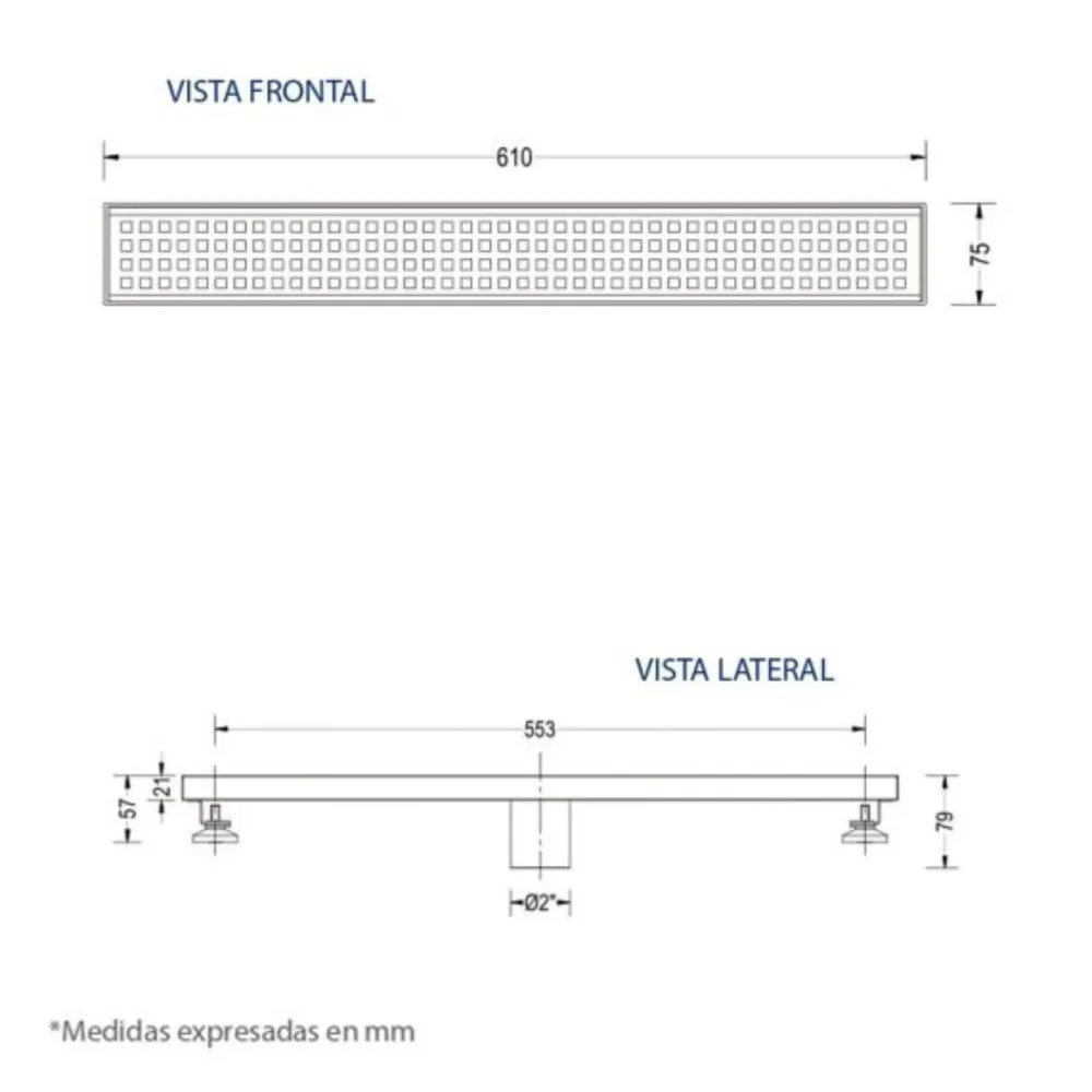 Desagüe para piso lineal 61 cm x 7.5 cm perforado en cuadros en acero inoxidable satinado BM