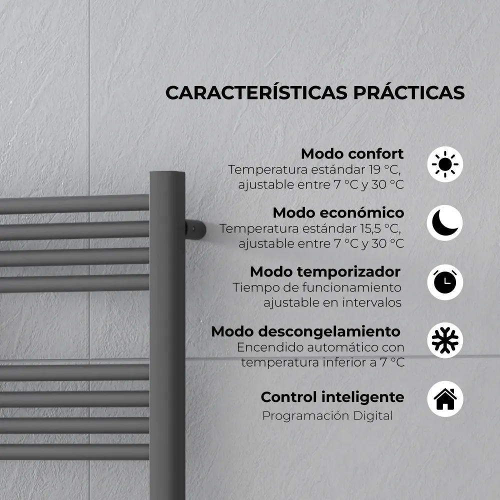 Calefactor Secador de Toallas Eléctrico para Baño Programable 500 w Mural 88x54 cm Vesubio Gris Grafito