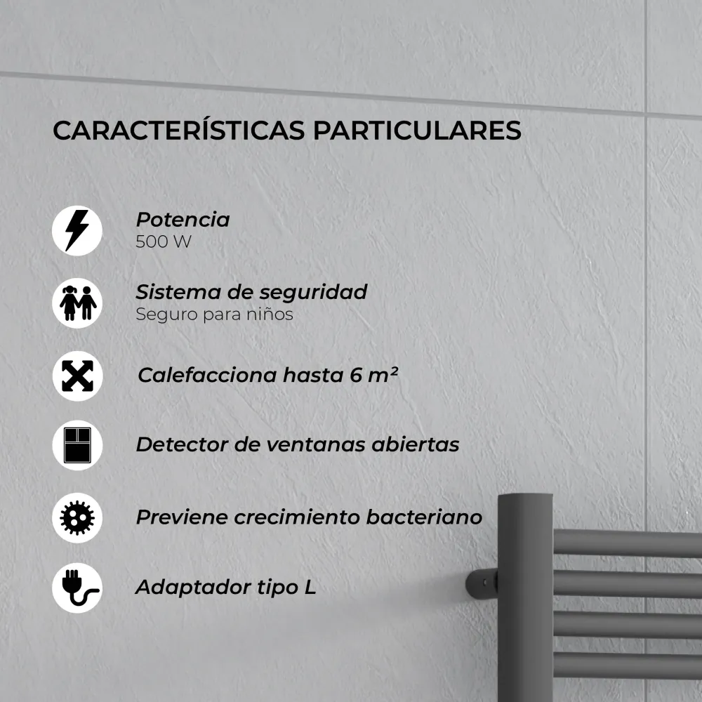 Calefactor Secador de Toallas Eléctrico para Baño Programable 500 w Mural 88x54 cm Vesubio Gris Grafito