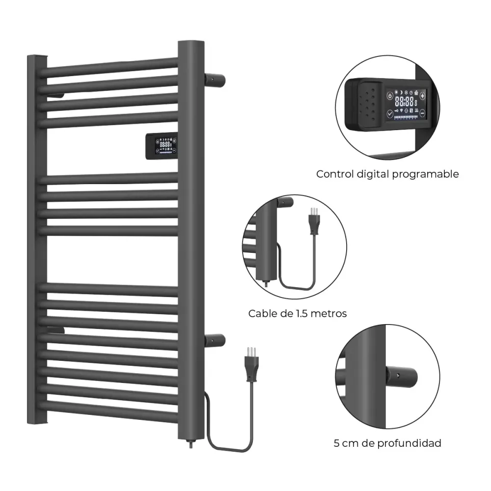 Calefactor Secador de Toallas Eléctrico para Baño Programable 500 w Mural 88x54 cm Vesubio Gris Grafito