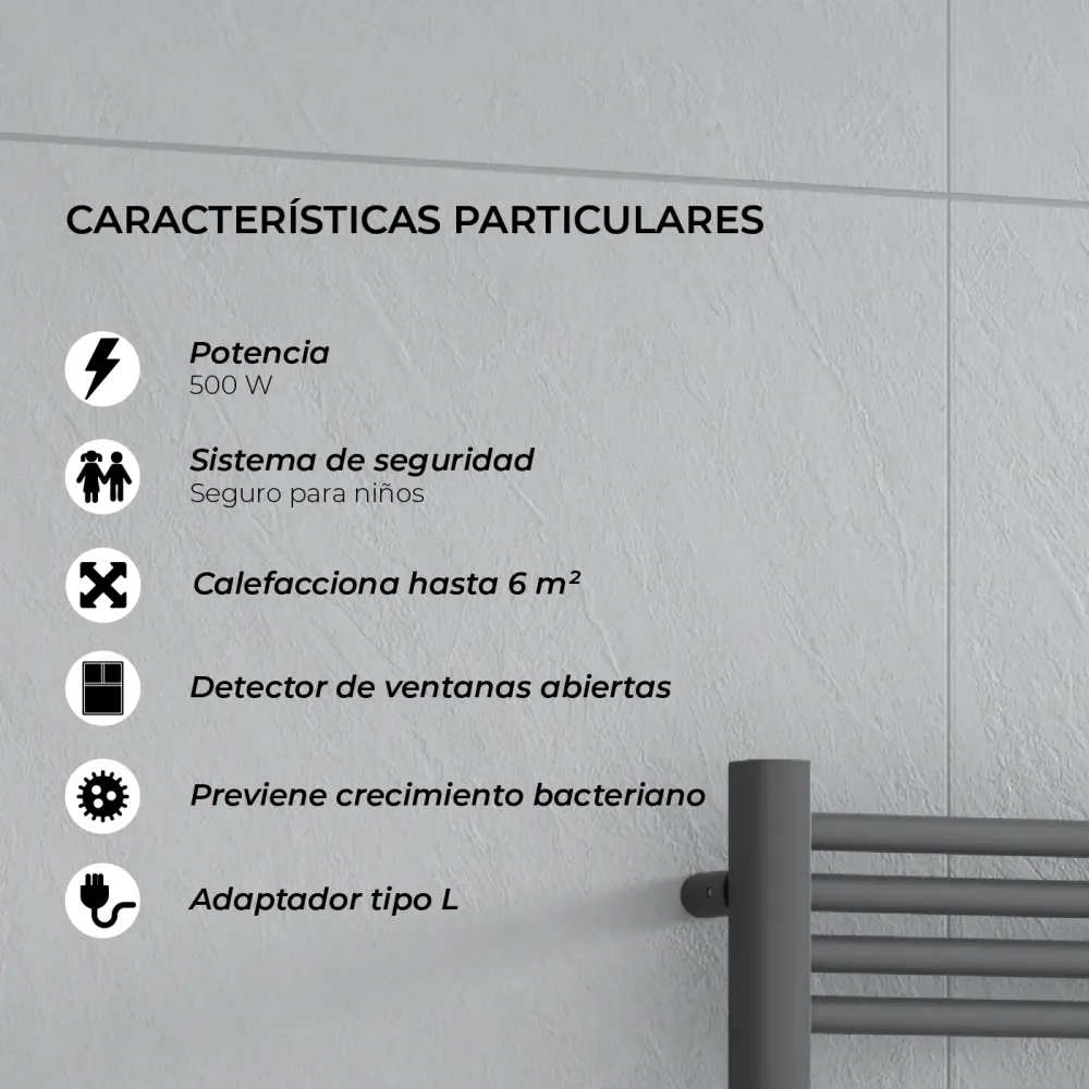 Calefactor Secador de Toallas Eléctrico para Baño NO PROGRAMABLE 500 w Mural 88x54 cm Vesubio Gris Grafito