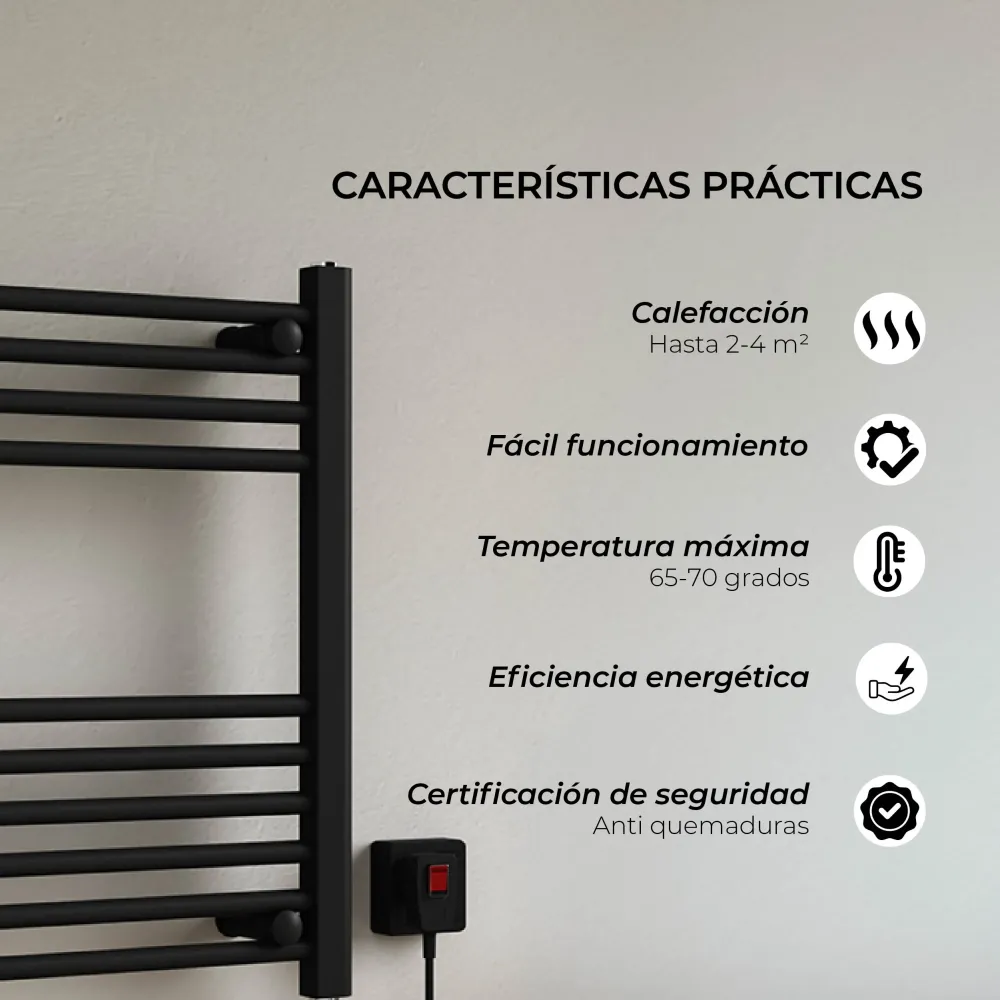 Calefactor Secador de Toallas Eléctrico para Baño 200W Mural 60x50 cm Lipari Negro