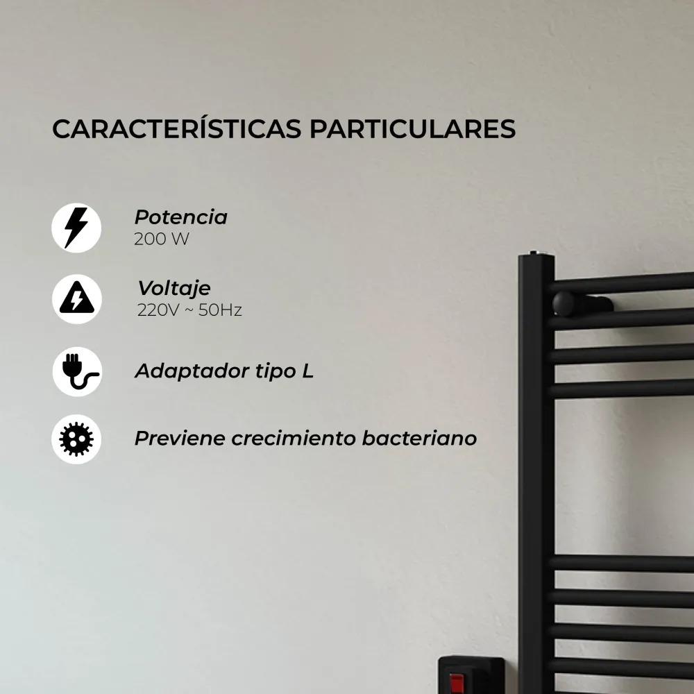 Calefactor Secador de Toallas Eléctrico para Baño 200W Mural 60x50 cm Lipari Negro