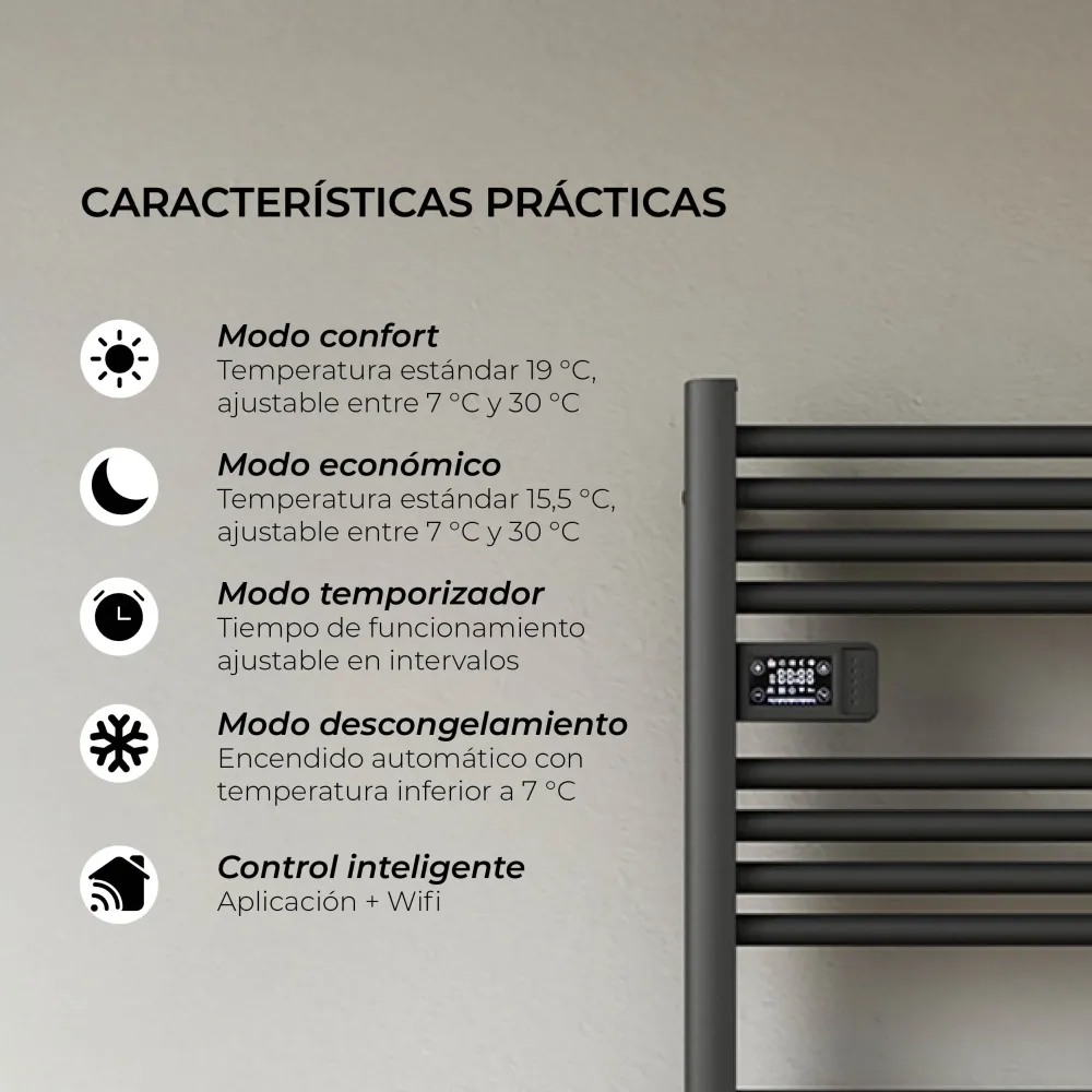 Calefactor Secador de Toallas WIFI Programable 500W Mural 88x54 cm Viglio Negro