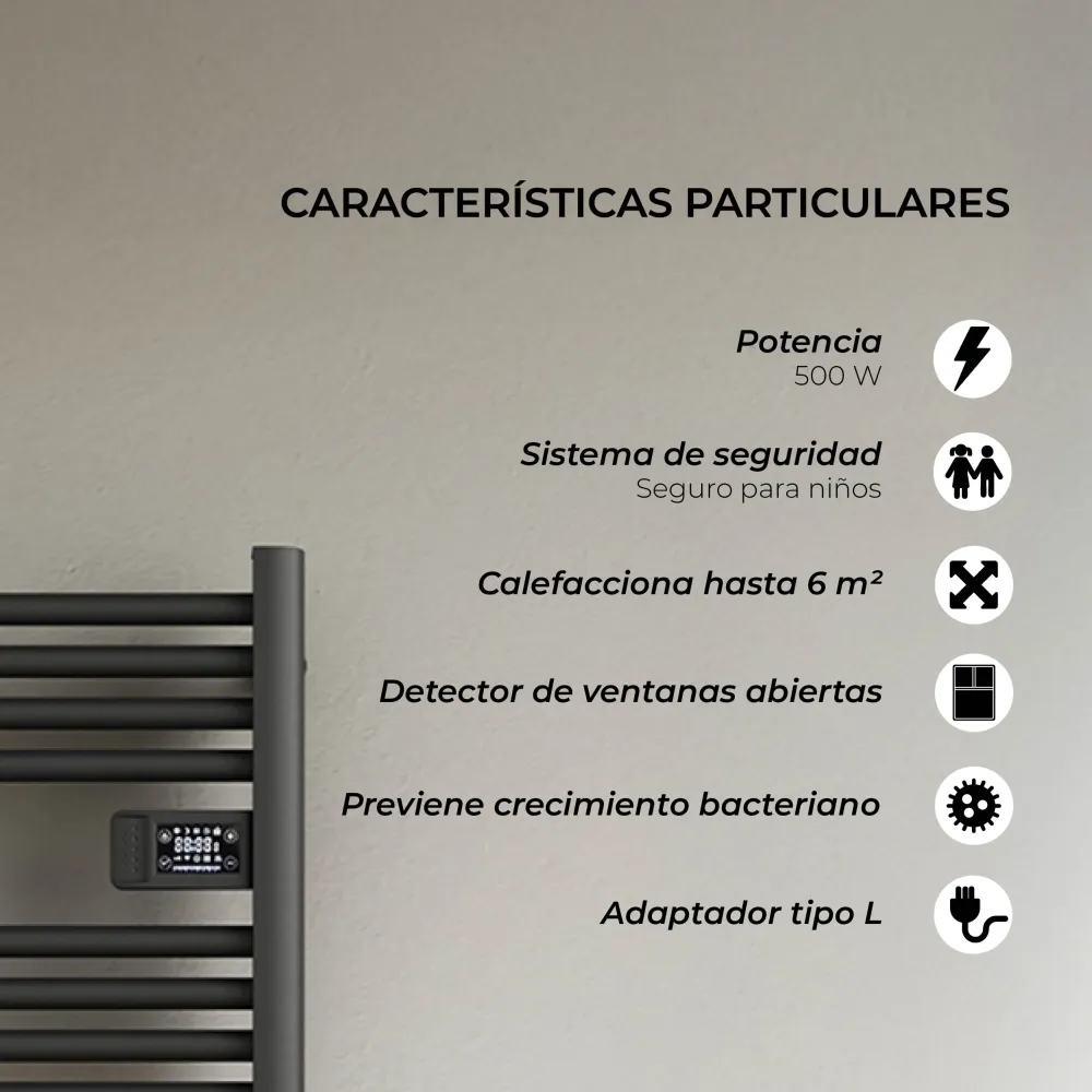 Calefactor Secador de Toallas WIFI Programable 500W Mural 88x54 cm Viglio Negro