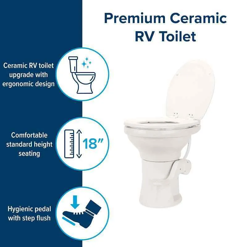 Inodoro de alto perfil para vehículos recreativos – Camco – 41715 – Descarga con pedal