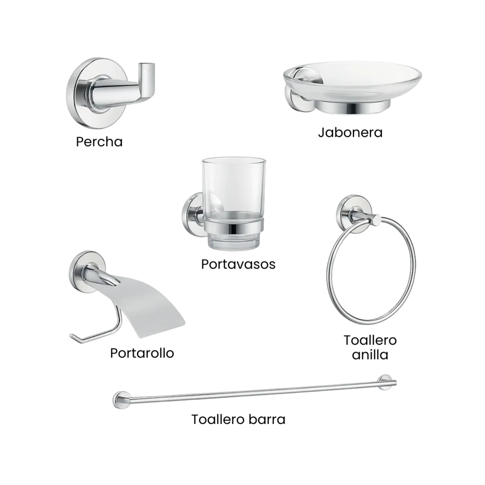 KIT ACCESORIOS PARA BAÑO CROMO ZETA 6 PIEZAS CASTEL