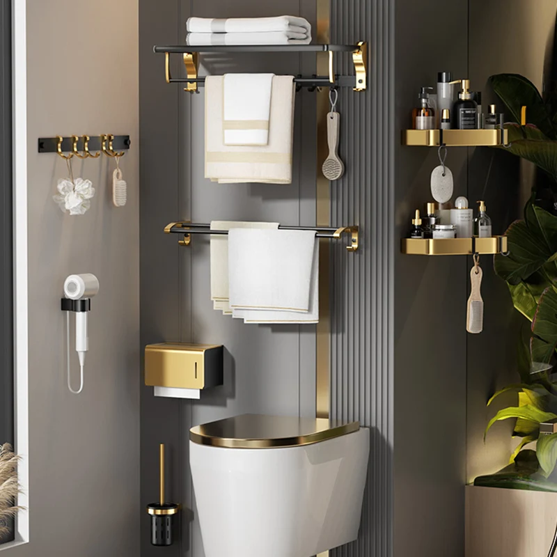 Accesorio de baño contemporáneo de acero inoxidable, individual o como juego, en negro y dorado Clearhalo