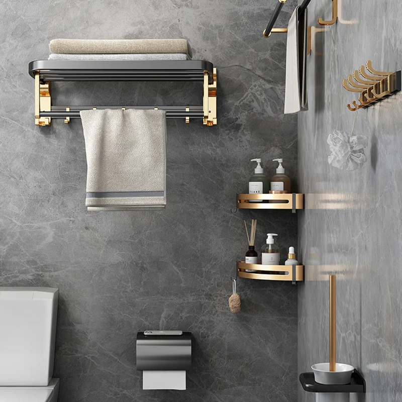 Accesorios de baño modernismo Juego de herrajes Estante de baño negro y dorado/Toallero Clearhalo