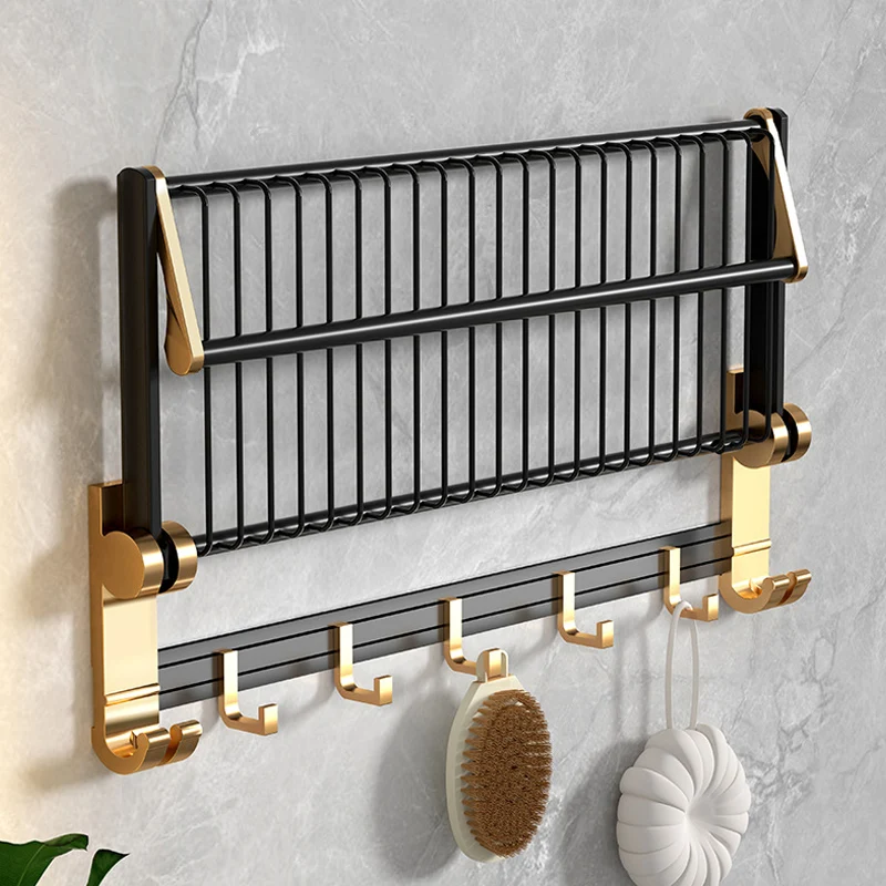 Accesorios de baño modernismo Juego de herrajes Estante de baño negro y dorado/Toallero Clearhalo