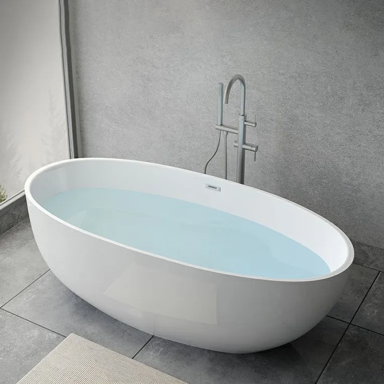 Bañera independiente de inmersión moderna, bañera ovalada de acrílico con borde de desbordamiento Blanco Clearhalo