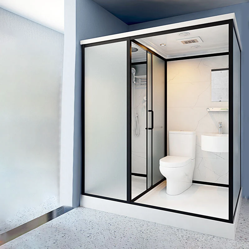 Cabina de ducha con marco de vidrio templado esmerilado, base blanca y barra para toallas Clearhalo