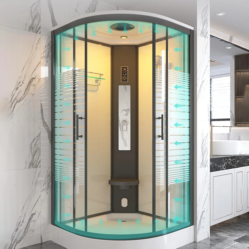 Cabina de ducha deslizante doble redondeada Cabina de ducha de vidrio templado rayas Clearhalo