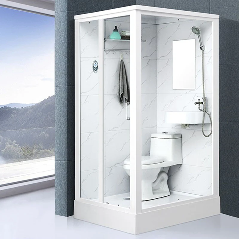 Cabina de ducha de esquina esmerilada rectangular enmarcada con base blanca Clearhalo
