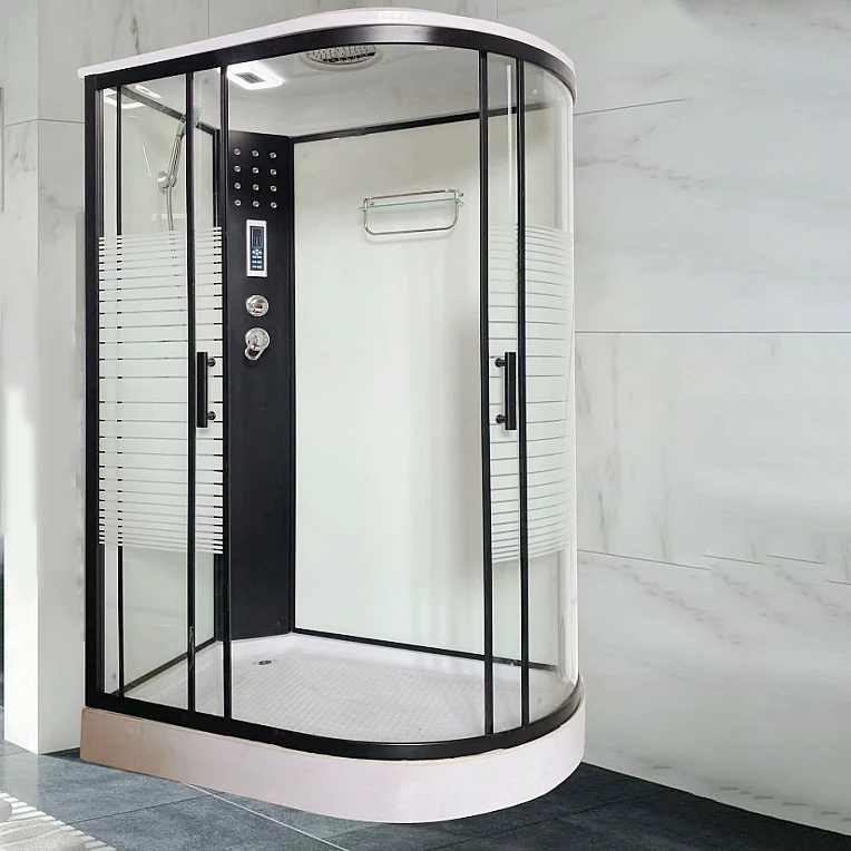 Cabina de ducha negra moderna, sistema de ducha, cabina de ducha con puerta corrediza de vidrio transparente Clearhalo